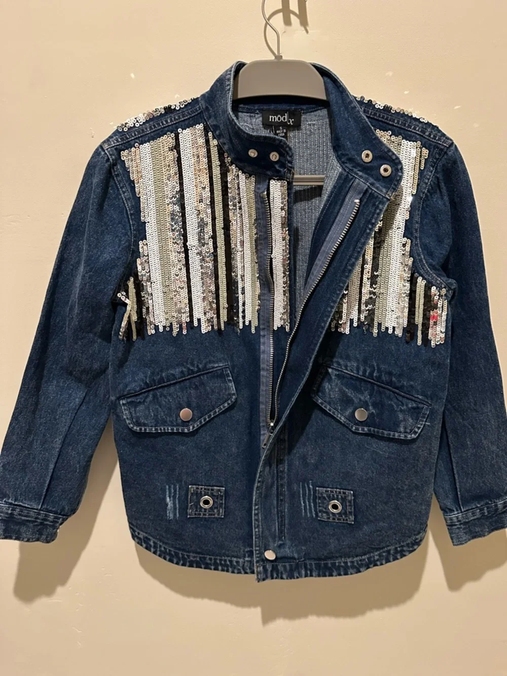 Mod x Women’s Dark Blue Multi-color Sequin Denim Jacket. Size Small - Picture 2 of 8